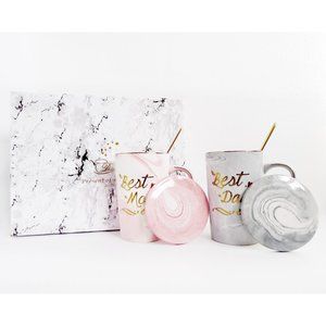 NEW IN BOX Marble BEST MOM & DAD EVER Ceramic Coffee Mugs Coaster Spoons 6pc Set